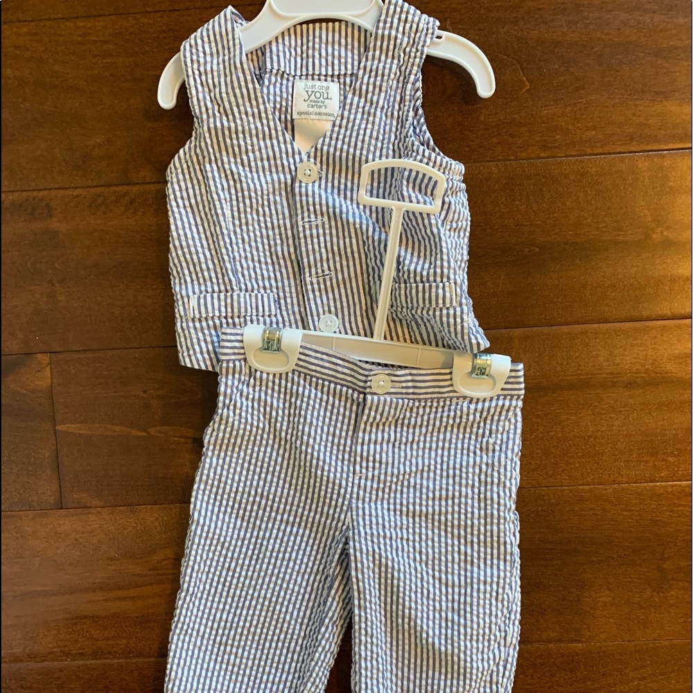 Carters blue and white seersucker 2 piece vest and pants